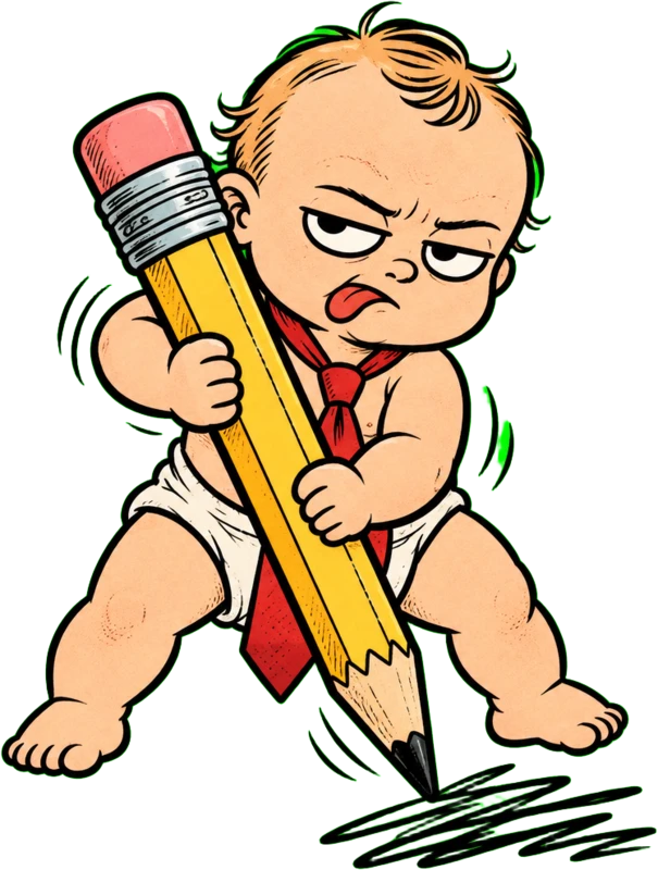 Vinnie the baby, scribbling with a giant pencil