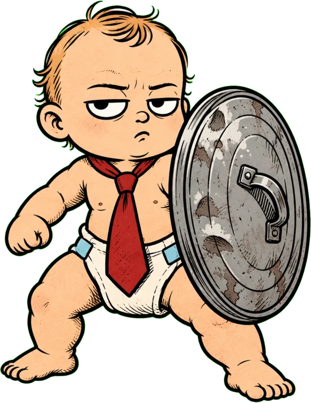 Vinnie the baby, holding a trash can lid like a shield