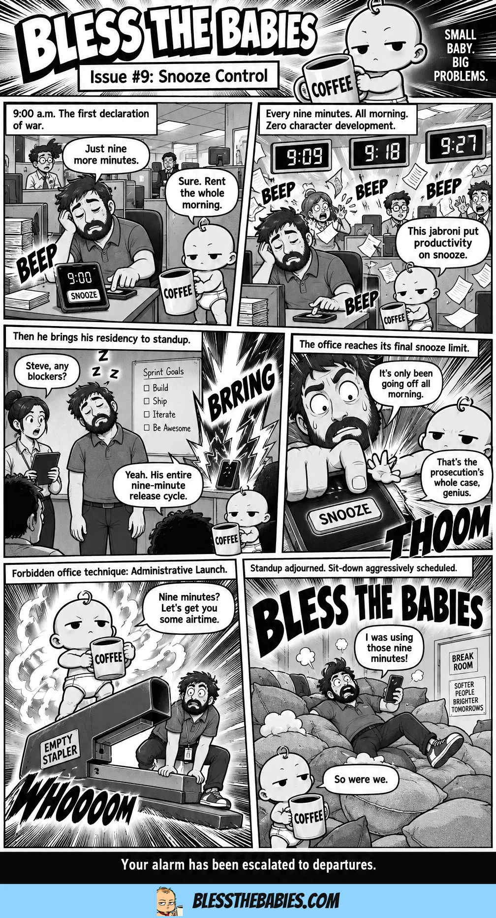 A six-panel manga parody escalates Steve's every-nine-minute desk alarm into an office catastrophe when it interrupts his nap during standup. Vinnie powers up with coffee steam and uses an empty giant stapler to launch Steve safely into cushions.