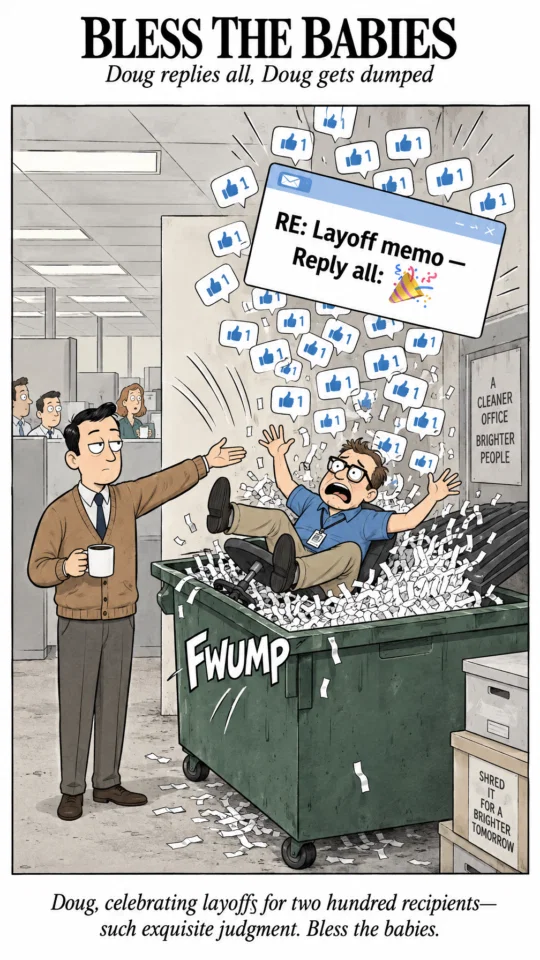 A deadpan coworker tips Doug and his swivel chair into a dumpster cushioned with shredded paper. His endless reply-all thumbs-ups and party-emoji response to a layoff memo rain down around him as the bystander politely mocks his judgment.